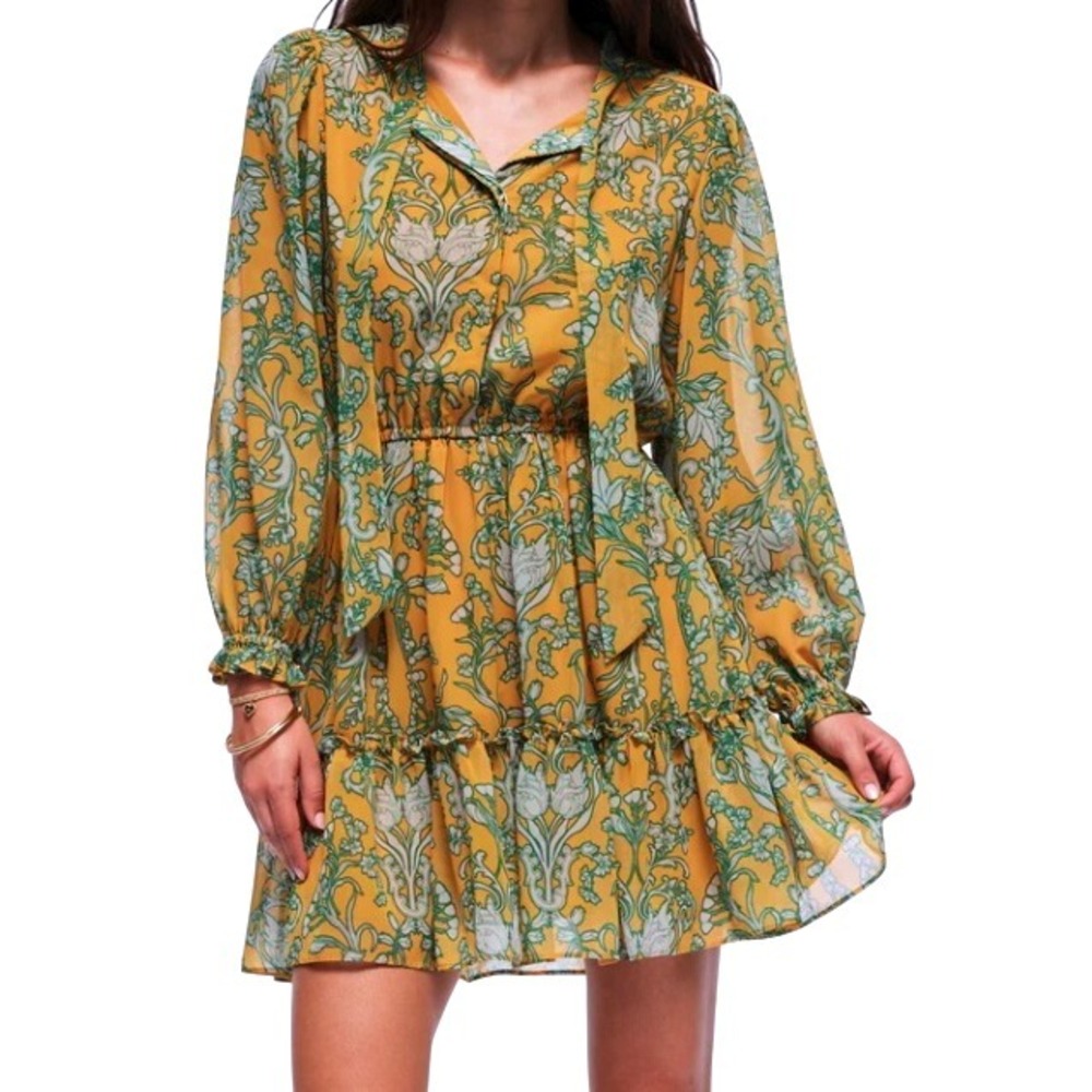 Hermoza Lee‎ Collar Neck Dress  Womens M Floral Print Long Sleeve Tie Neck Mini